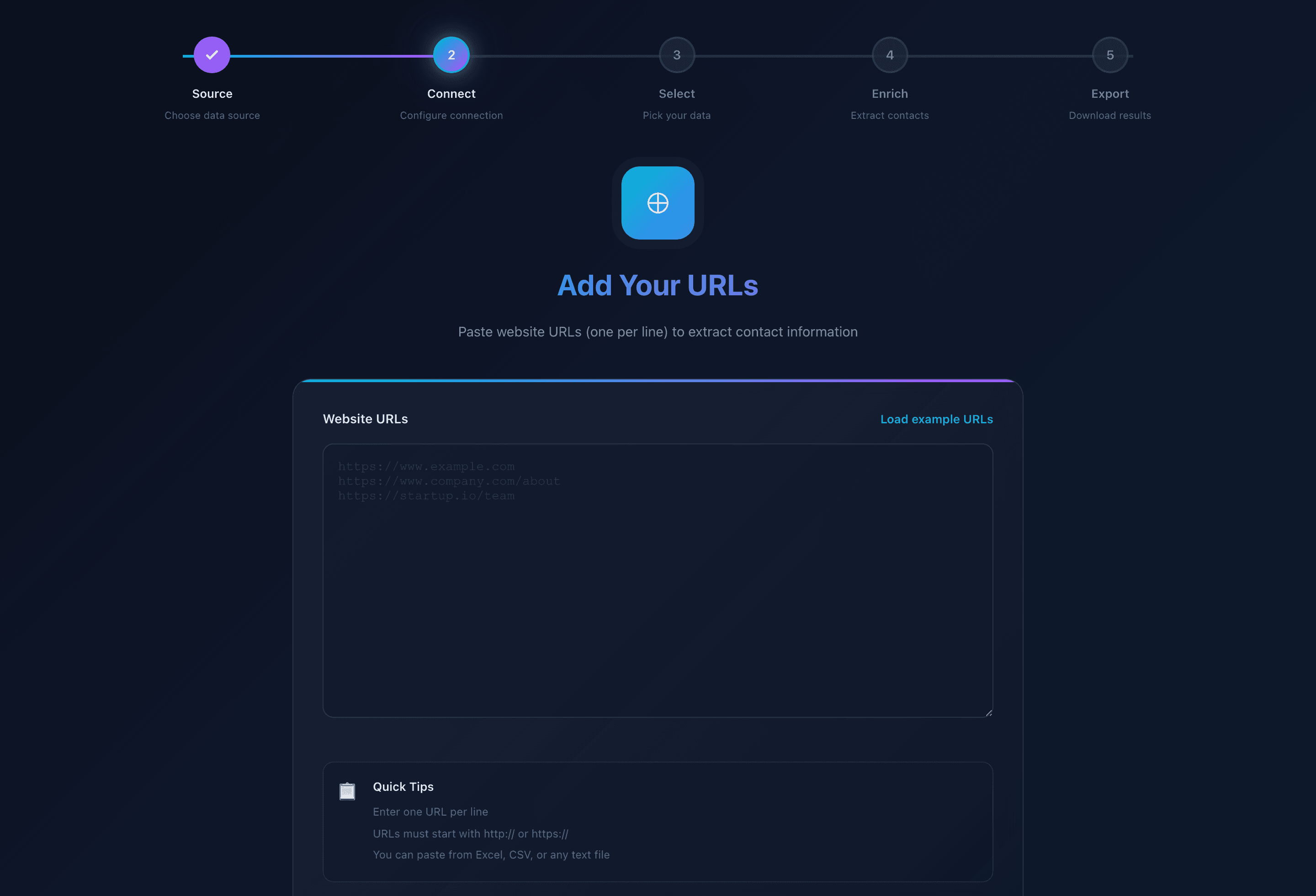 Wizard step for pasting a list of website URLs to enrich.